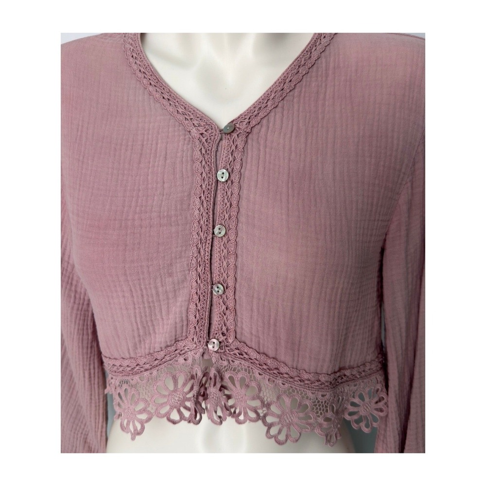 Zara Girls Mauve Pink Gauze Crochet Lace Trim Button Crop Top Boho Size 11-12 - Picture 3 of 7